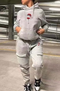 Grey Casual Solid Hot Drill Hooded Collar Long Sleeve Two Pieces