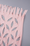 Pink Sexy Celebrities Solid Ripped Patchwork See-through Asymmetrical Collar Long Sleeve Two Pieces