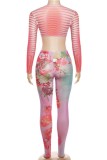 Red Casual Print Basic O Neck Long Sleeve Two Pieces