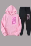 Pink Gray Casual Print Letter Hooded Collar Long Sleeve Two Pieces