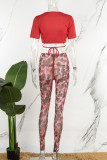 Red Street Print Patchwork Cross Straps V Neck Short Sleeve Two Pieces