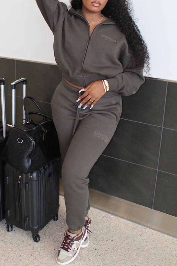 Dark Gray Street Print Letter Turndown Collar Long Sleeve Two Pieces