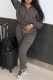 Dark Gray Street Print Letter Turndown Collar Long Sleeve Two Pieces
