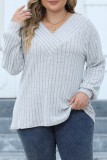 Sky Blue Casual Solid Patchwork V Neck Plus Size Tops