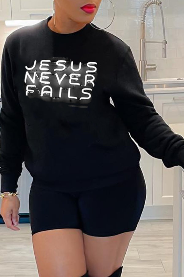 Black Daily Print Letter O Neck Tops