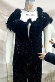 Black Casual Patchwork Sequins Off the Shoulder Regular Jumpsuits