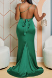 Green Sexy Casual Solid Frenulum Backless Spaghetti Strap Long Dress Dresses