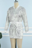 Cream White Casual Print Tie Dye Patchwork Long Sleeve Two Pieces