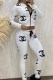 White Casual Print Letter Zipper Collar Long Sleeve Two Pieces