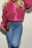 Rose Red Casual Plaid Patchwork Pocket Pearl O Neck Outerwear