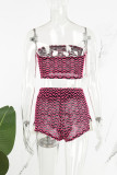 Pink Sexy Casual Striped Print Hollowed Out Backless Strapless Sleeveless Two Pieces