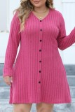 Grey Casual Solid Patchwork V Neck Long Sleeve Plus Size Dresses (Without Belt)