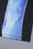 White Blue Casual Print Patchwork O Neck Long Sleeve Dresses