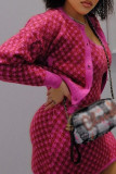 Rose Red Casual Plaid Patchwork Pocket U Neck Sleeveless Dress Dresses