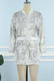 Cream White Casual Print Tie Dye Patchwork Long Sleeve Two Pieces