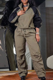 Purple Casual Solid Patchwork Draw String Pocket Buckle Turndown Collar Long Sleeve Two Pieces