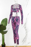 Purple Sexy Casual Print Frenulum Halter Long Sleeve Three Piece Set