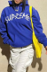Royal Blue Casual Daily Print Draw String Letter Hooded Collar Tops