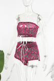 Pink Sexy Casual Striped Print Hollowed Out Backless Strapless Sleeveless Two Pieces