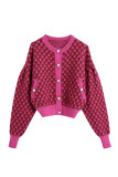 Rose Red Casual Plaid Patchwork Pocket Pearl O Neck Outerwear