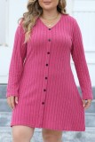 Brown Casual Solid Patchwork V Neck Long Sleeve Plus Size Dresses (Without Belt)