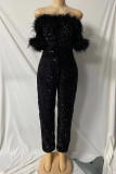 Black Casual Patchwork Sequins Off the Shoulder Regular Jumpsuits