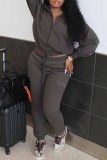 Dark Gray Street Print Letter Turndown Collar Long Sleeve Two Pieces