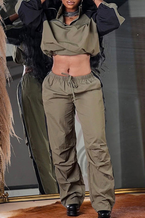 Army Green Casual Solid Patchwork Draw String Pocket Buckle Turndown Collar Long Sleeve Two Pieces