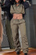 Army Green Casual Solid Patchwork Draw String Pocket Buckle Turndown Collar Long Sleeve Two Pieces