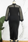 Black Casual Solid Patchwork See-through Half A Turtleneck Long Sleeve Plus Size Dresses