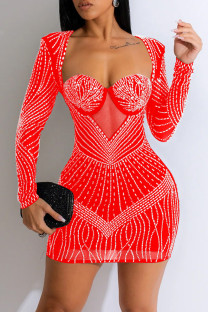 Red Sexy Patchwork Hot Drilling Backless Square Collar Long Sleeve Dresses