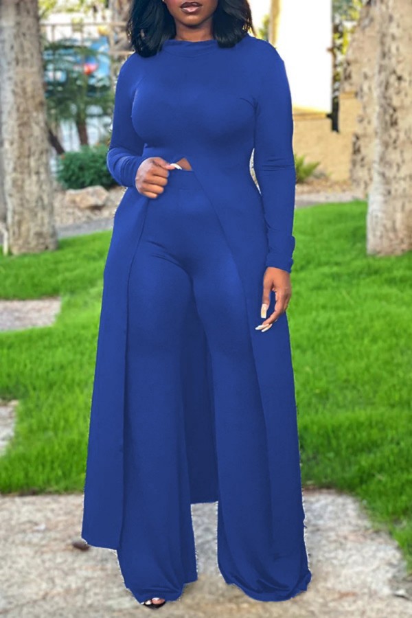 Blue Casual Solid Slit O Neck Long Sleeve Two Pieces
