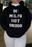 Black Casual Party Print Draw String Hooded Collar Tops