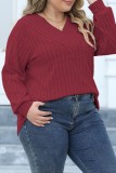 Purplish Red Casual Solid Patchwork V Neck Plus Size Tops