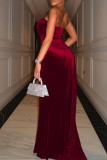 Red Sexy Formal Patchwork Sequins Backless Slit Strapless Evening Dress Dresses