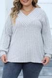 Sky Blue Casual Solid Patchwork V Neck Plus Size Tops