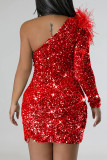 Red Sexy Patchwork Sequins Slit Oblique Collar Wrapped Skirt Dresses