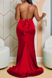 Red Sexy Casual Solid Frenulum Backless Spaghetti Strap Long Dress Dresses