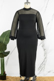 Black Casual Solid Patchwork See-through Half A Turtleneck Long Sleeve Plus Size Dresses
