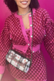 Rose Red Casual Plaid Patchwork Pocket U Neck Sleeveless Dress Dresses