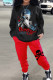 Black Red Casual Print Basic O Neck Long Sleeve Two Pieces