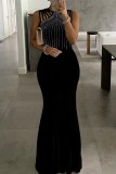 Black Sexy Formal Patchwork Hot Drilling Hollowed Out O Neck Long Dress Dresses