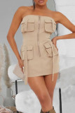 Apricot Street Solid Patchwork Pocket Zipper Strapless Straight Dresses