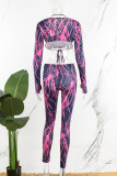 Purple Sexy Casual Print Frenulum Halter Long Sleeve Three Piece Set