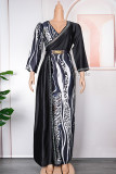 Black Elegant Print Patchwork With Belt V Neck Printed Dress Plus Size Dresses
