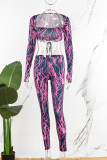 Purple Sexy Casual Print Frenulum Halter Long Sleeve Three Piece Set