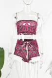 Pink Sexy Casual Striped Print Hollowed Out Backless Strapless Sleeveless Two Pieces