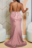 Pink Sexy Casual Solid Frenulum Backless Spaghetti Strap Long Dress Dresses