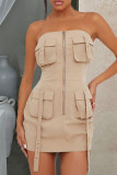 Apricot Street Solid Patchwork Pocket Zipper Strapless Straight Dresses