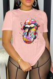 Red Daily Lips Printed Patchwork O Neck T-Shirts